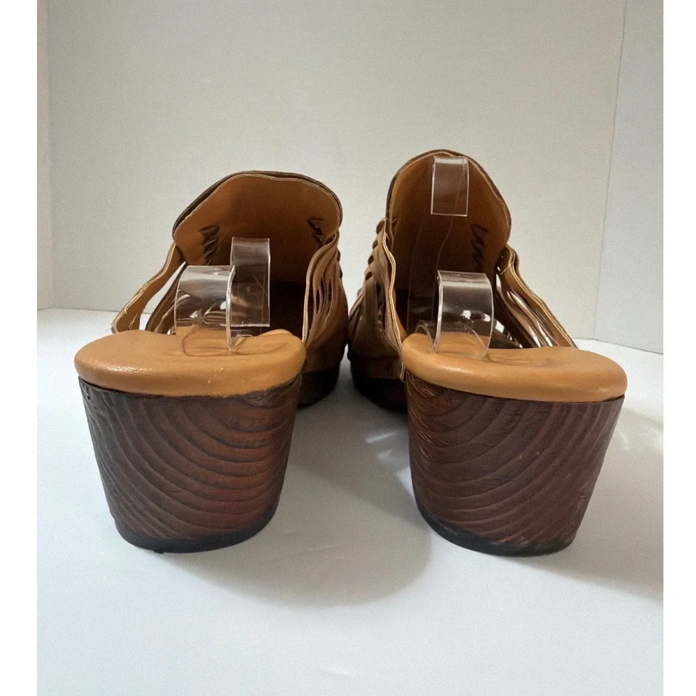Korks by Kork-Ease Tan Woven Leather Wood Wedge Clogs Mules Size US 11 EU 43 - Picture 13 of 14